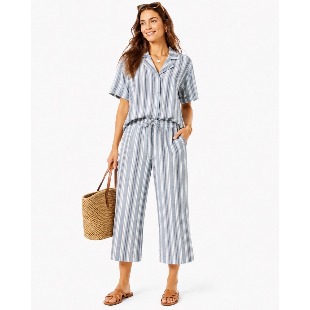 Downeast Blue White Striped Linen Cotton Two Piece Set Outfit Womens Med Coastal